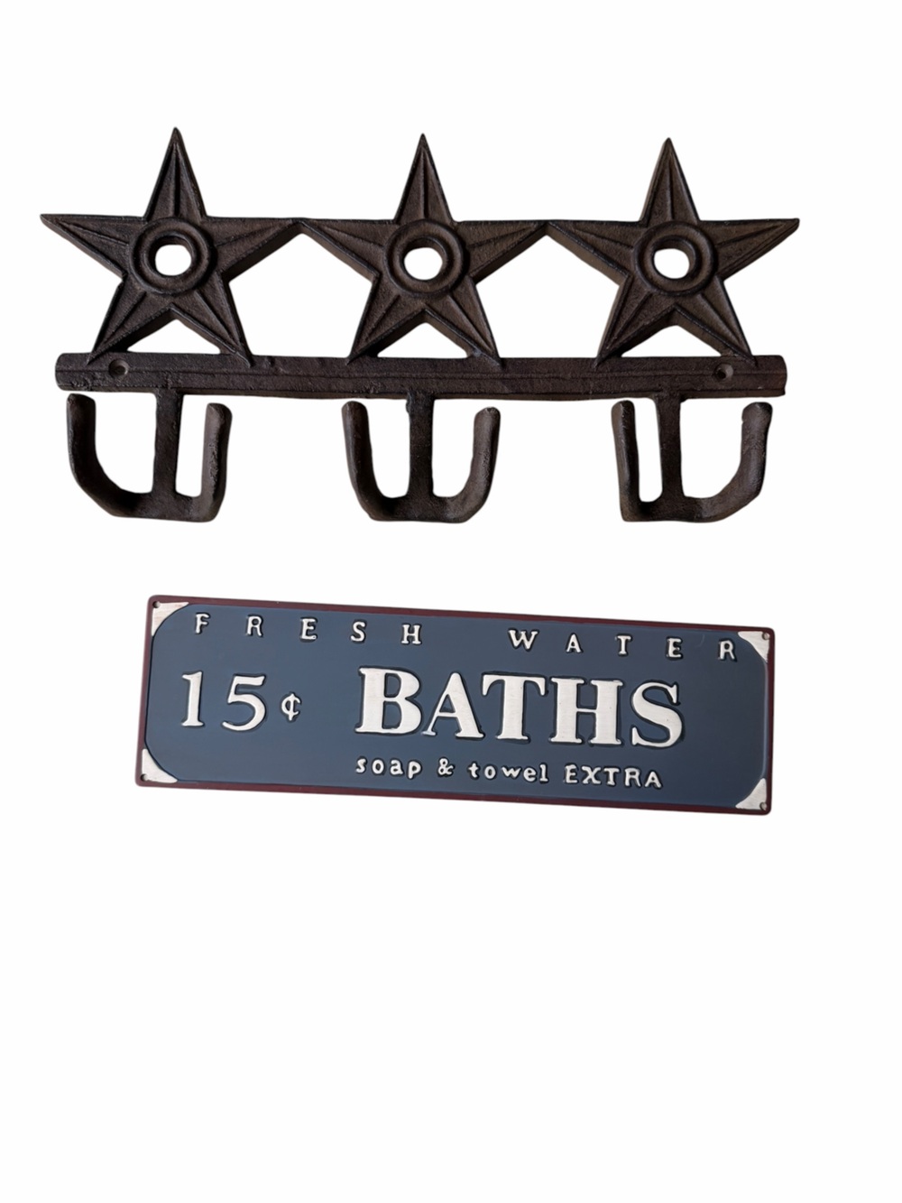 Western Decor, Cast Iron Star Wall Hook and Pressed Tin 15cent Baths Sign